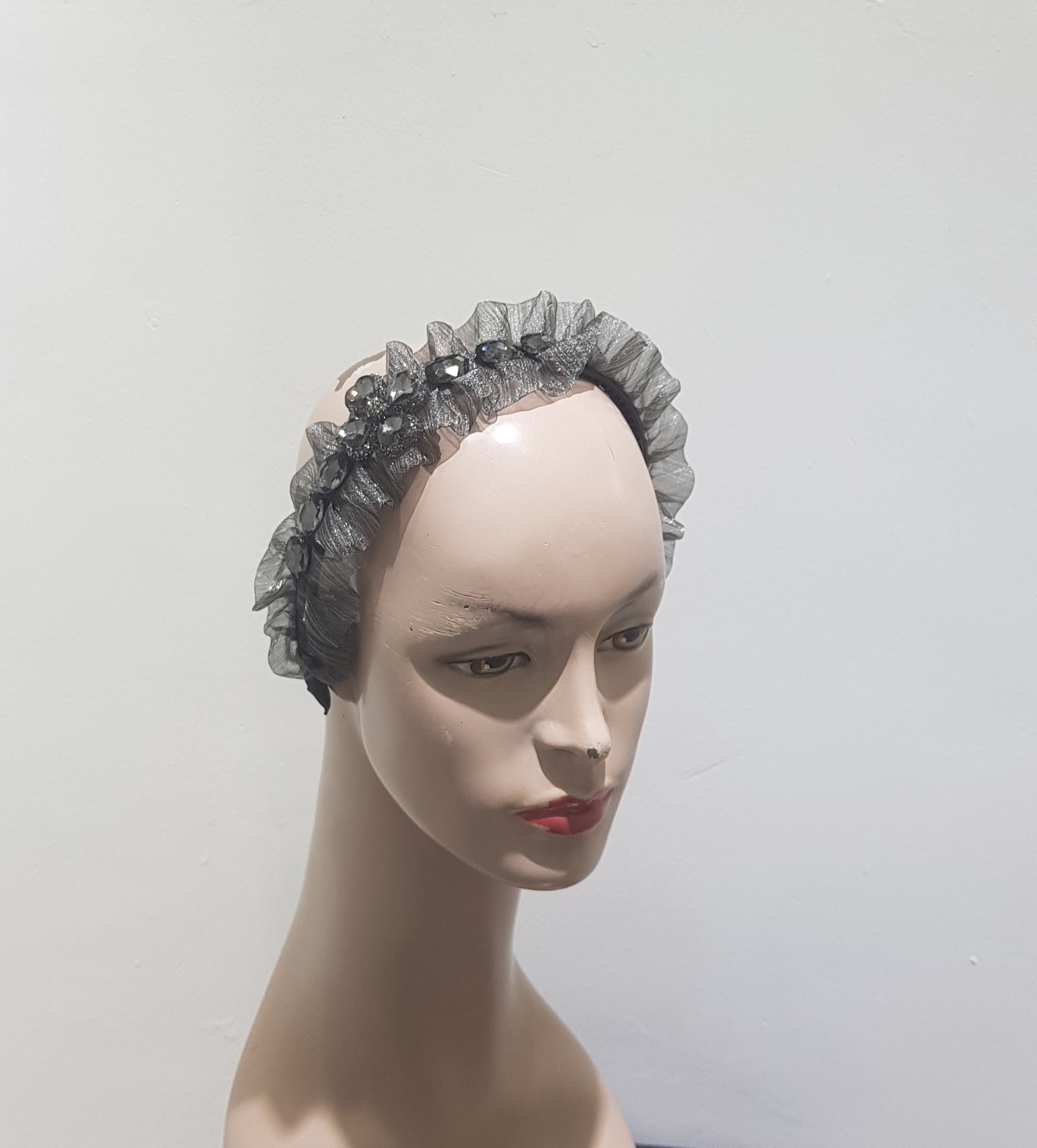 Grey Ruffled Grace: A Sheer Embellished Headband