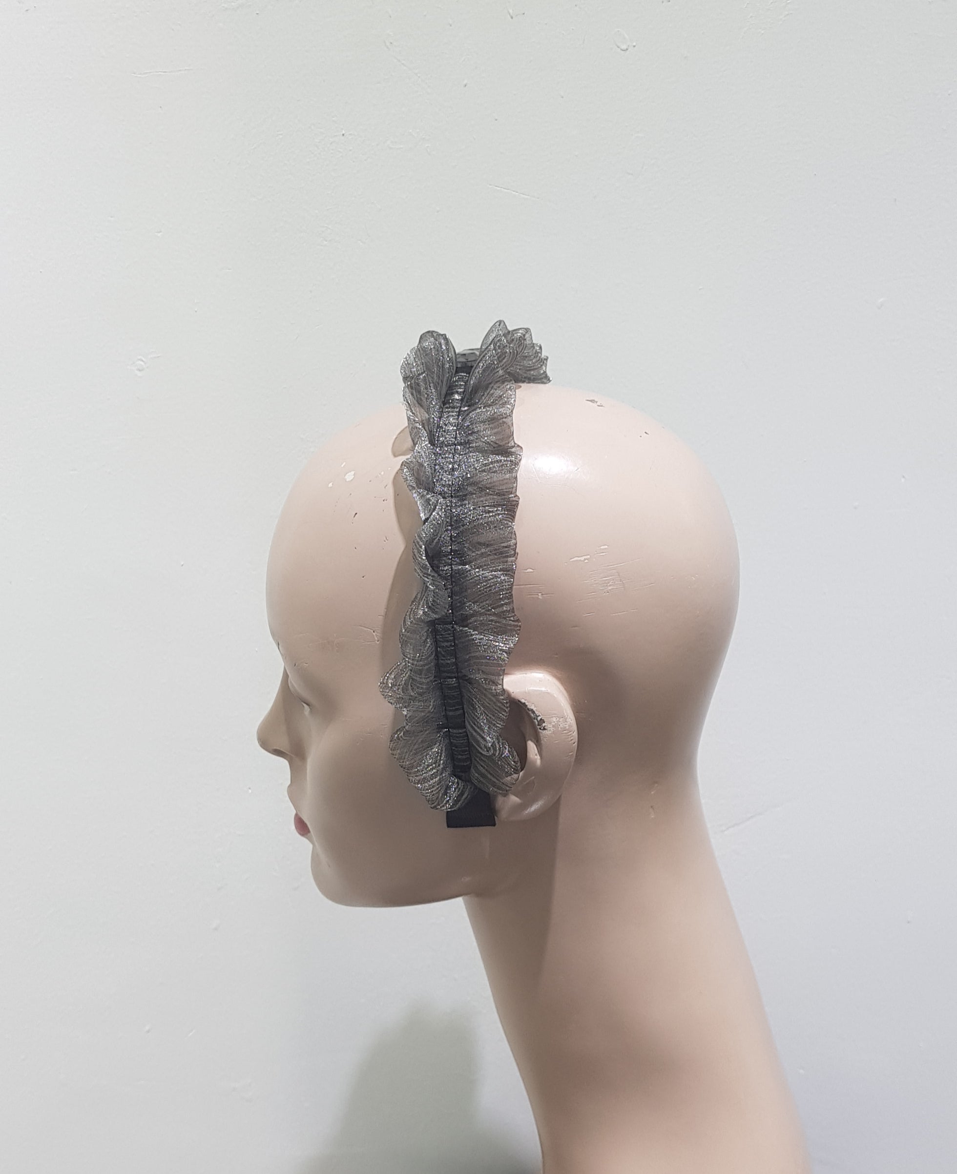 Grey Ruffled Grace: A Sheer Embellished Headband