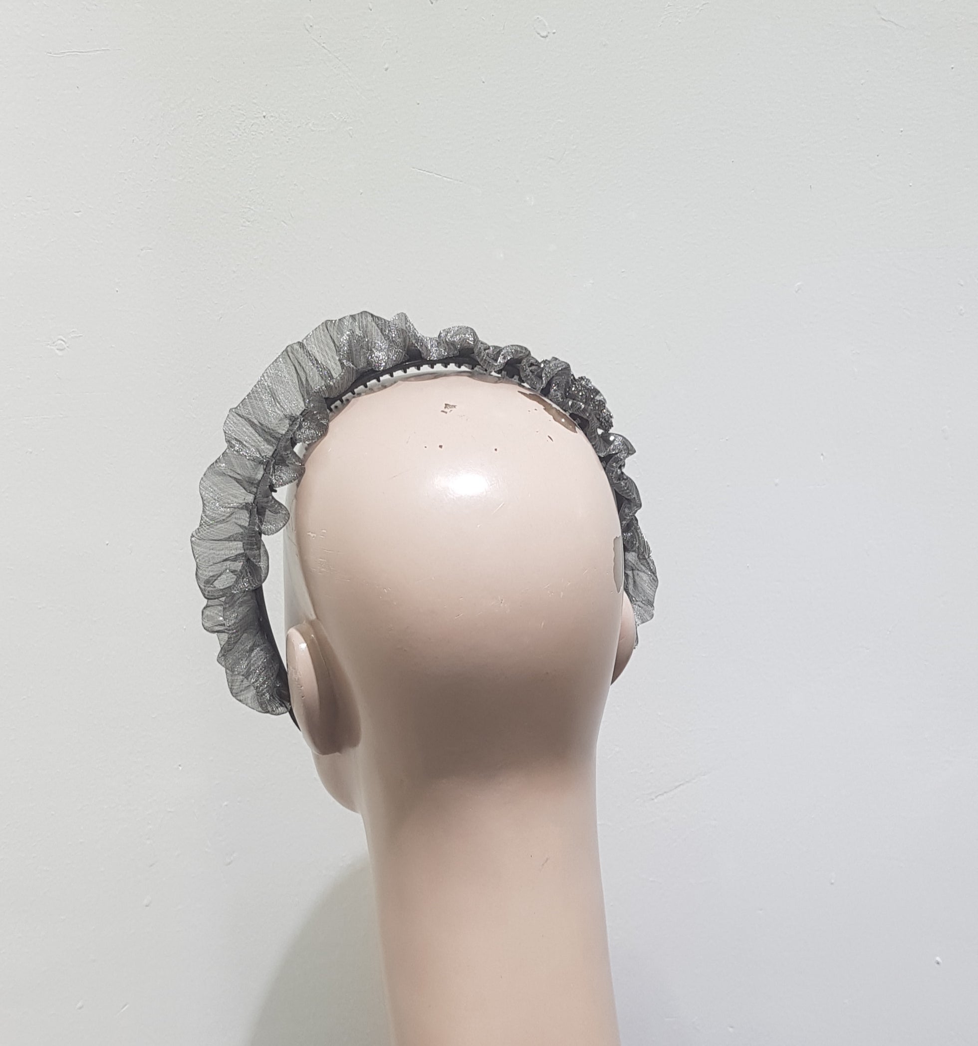 Grey Ruffled Grace: A Sheer Embellished Headband