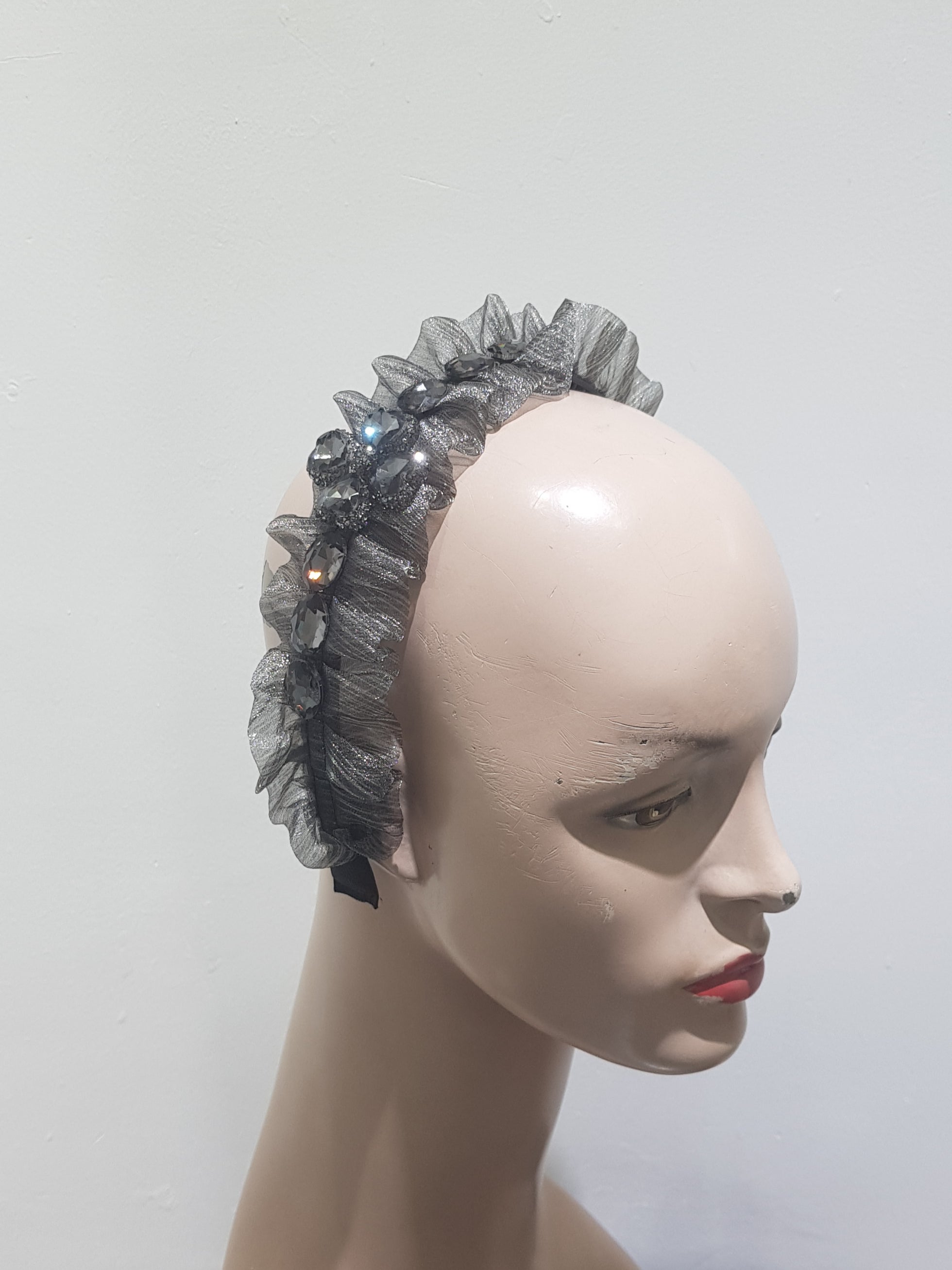 Grey Ruffled Grace: A Sheer Embellished Headband