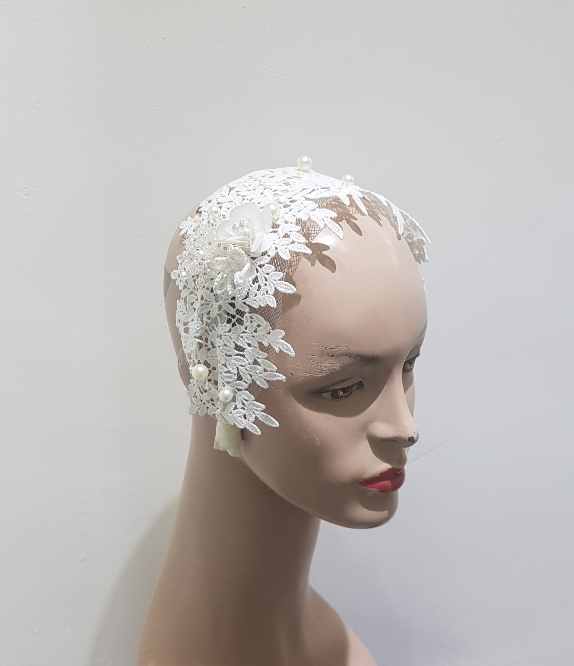 Bridal White Lace and Pearl Headband