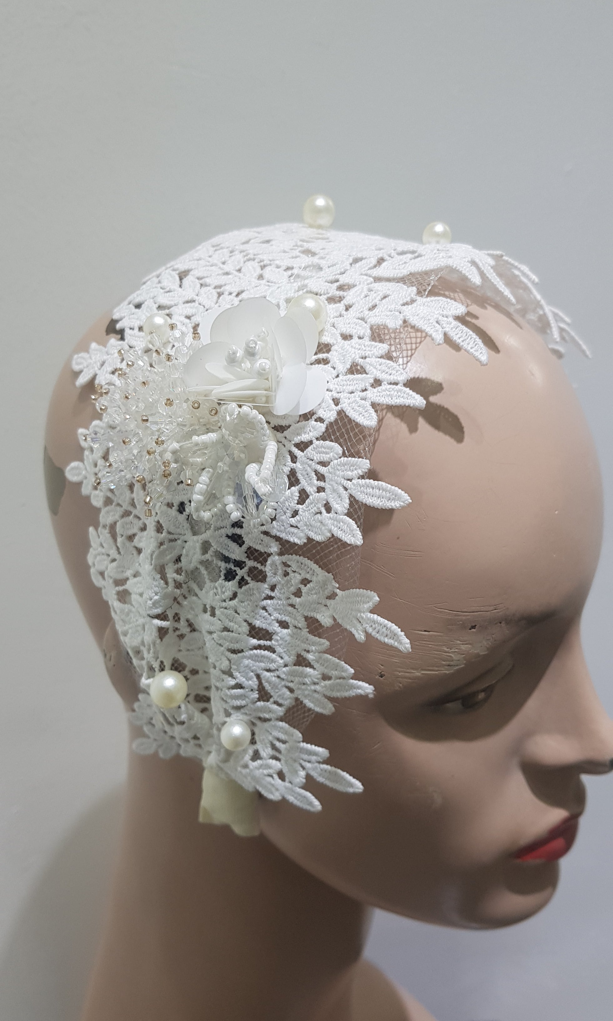 Bridal White Lace and Pearl Headband