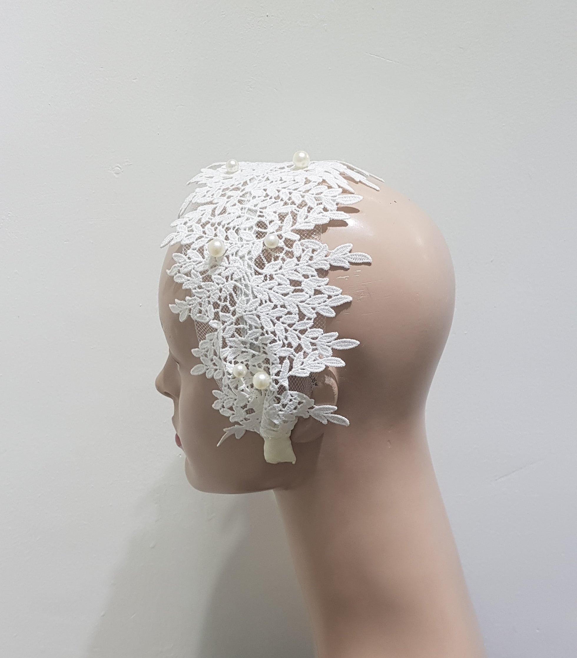 Bridal White Lace and Pearl Headband