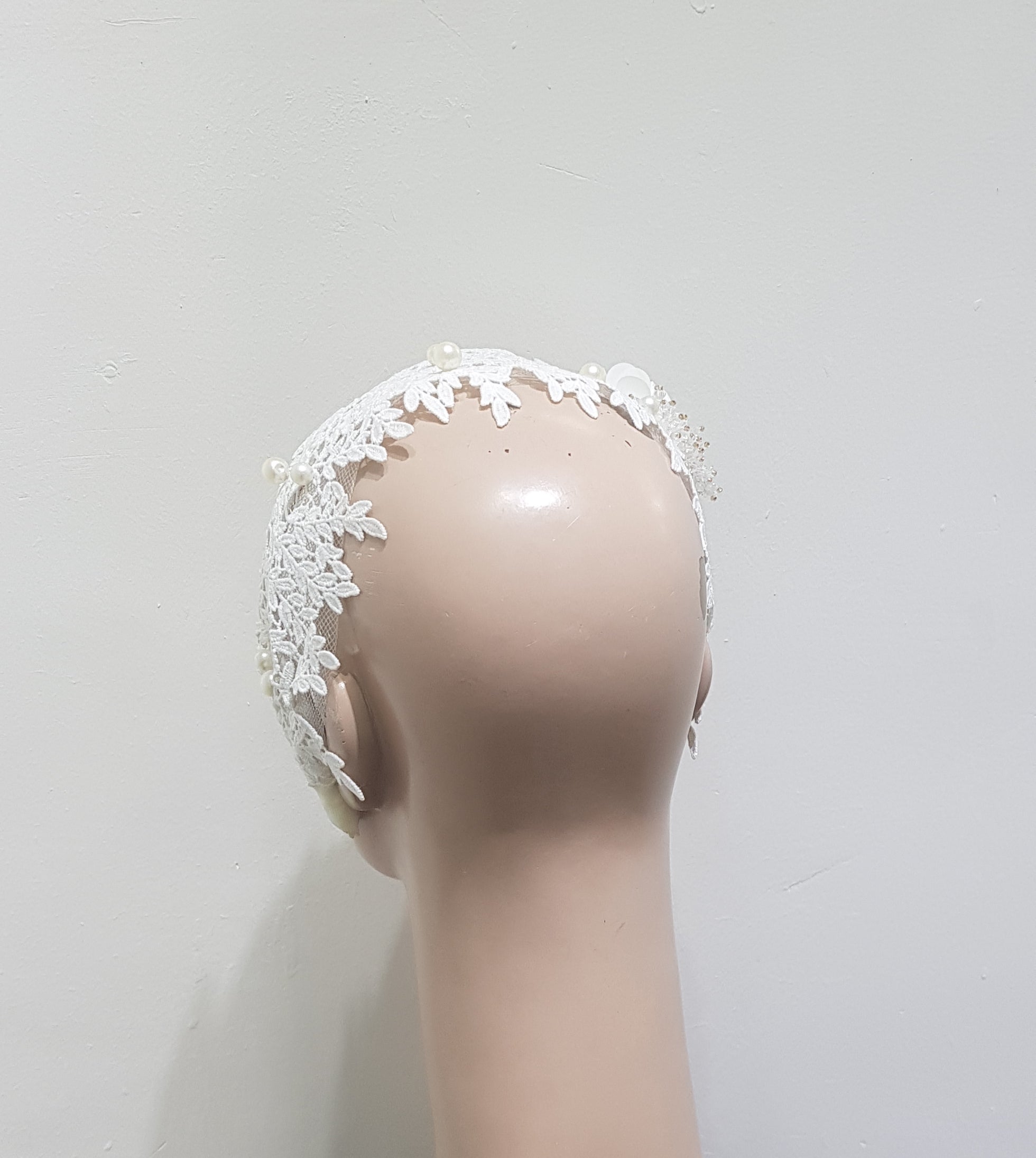 Bridal White Lace and Pearl Headband