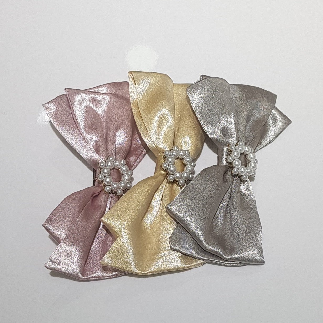 Trio of Pearl-Embellished Metallic Satin Bows