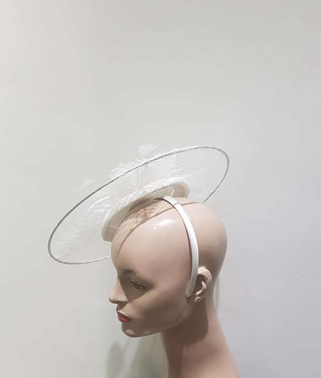 "Veiled brim hatinator with feathers on a blacked base"