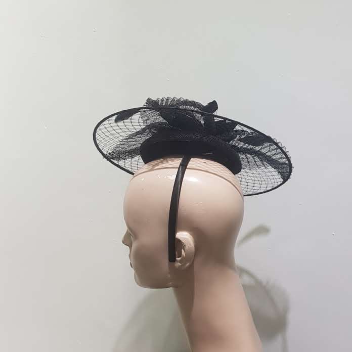 "Veiled brim hatinator with feathers on a blacked base"