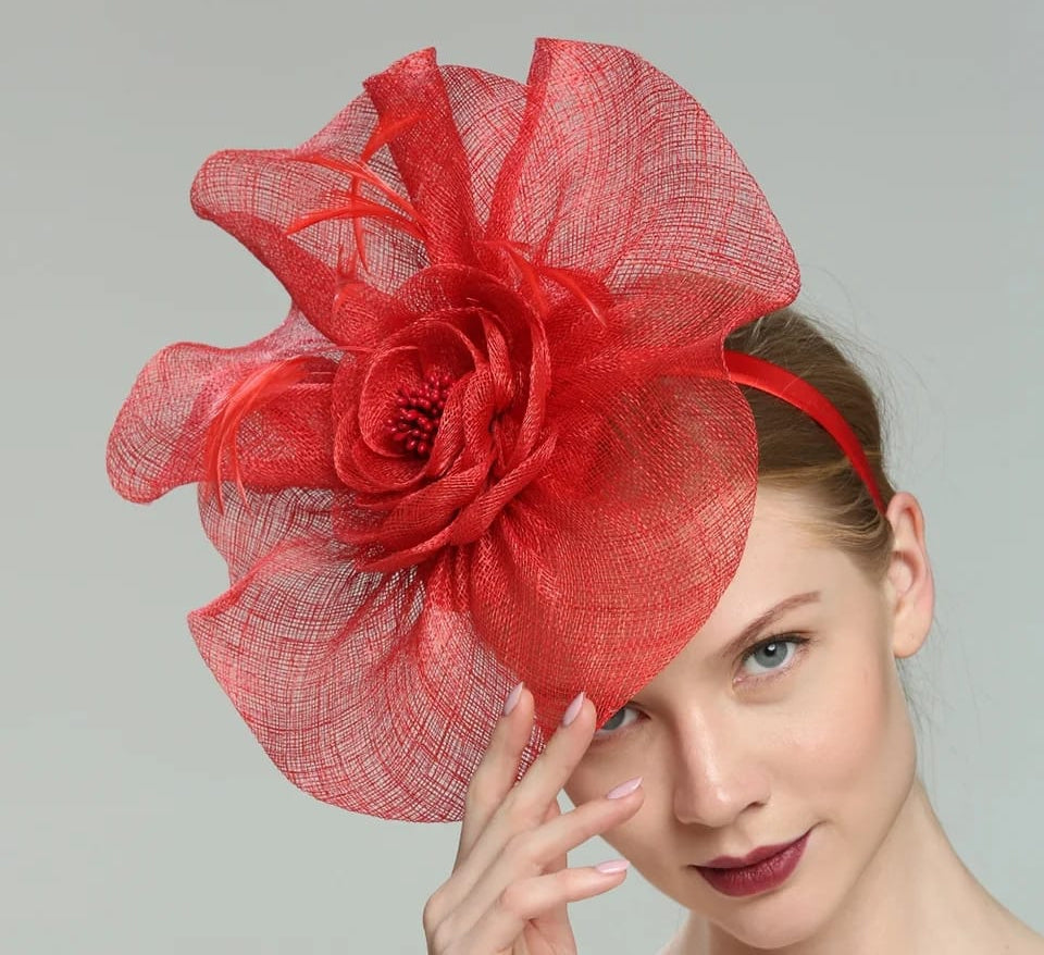 Red Sinamay & feather fascinator,