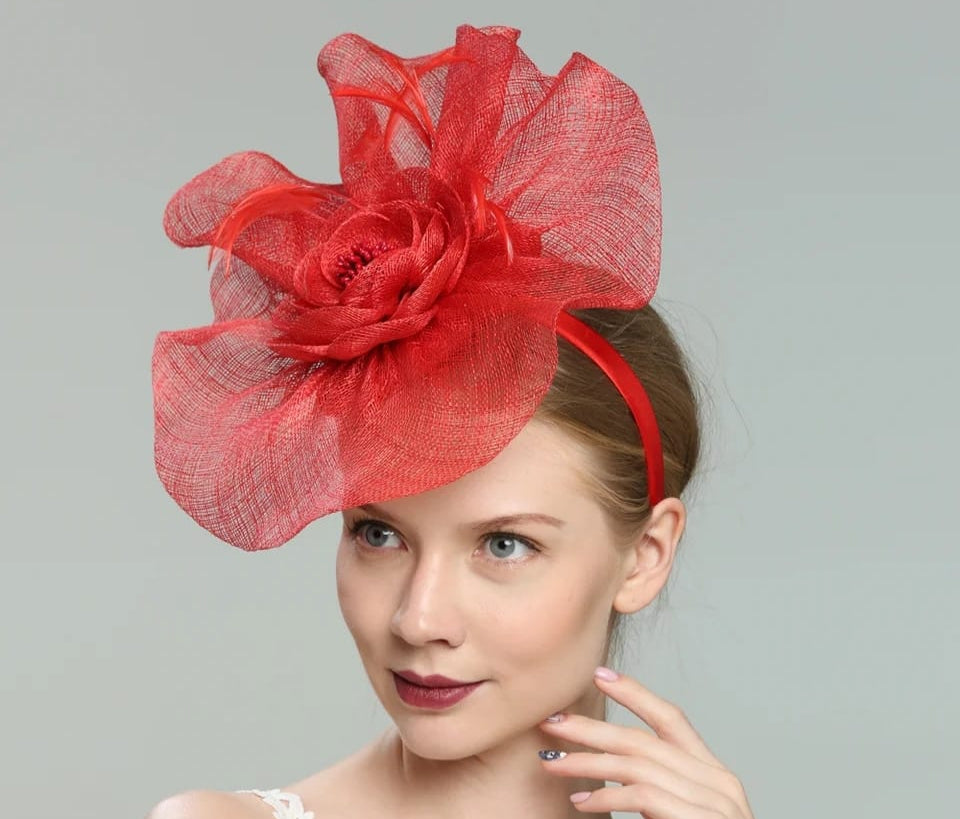 Red Sinamay & feather fascinator,