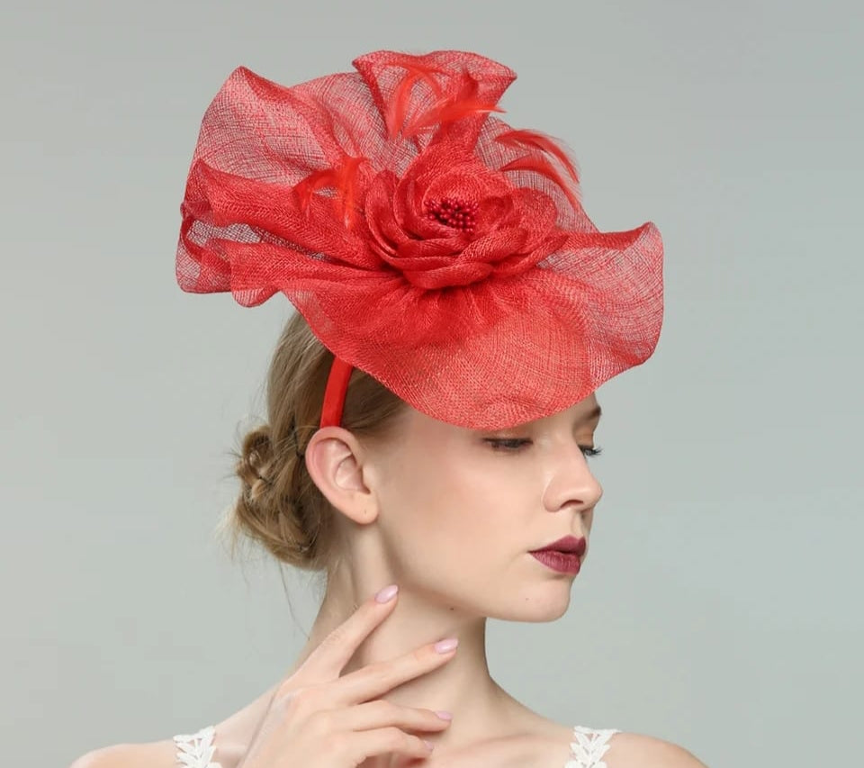 Red Sinamay & feather fascinator,