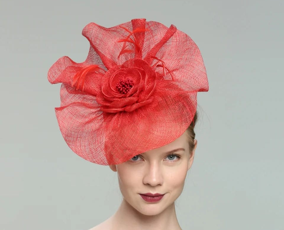 Red Sinamay & feather fascinator,