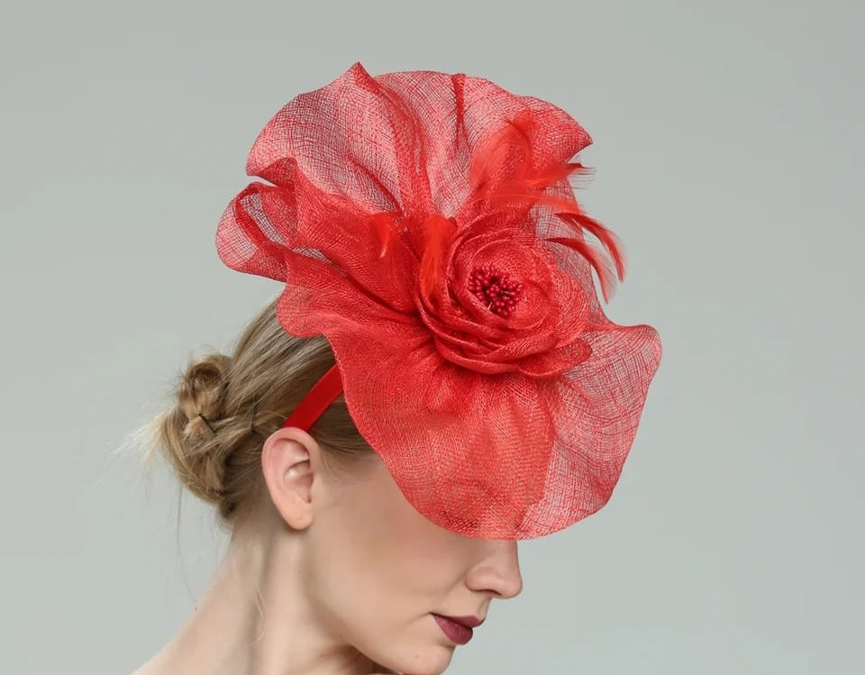 Red Sinamay & feather fascinator,