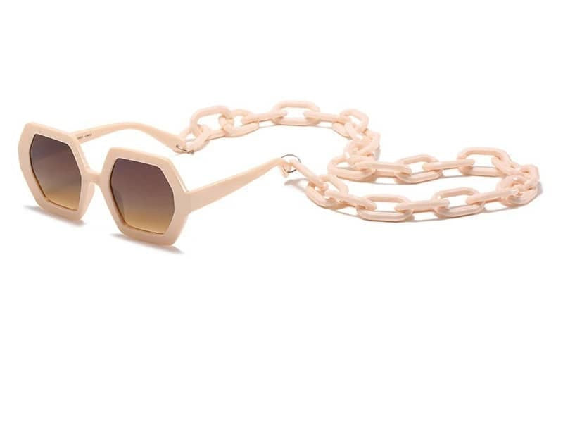 Unique sunglasses with a long trendy chain in the same color