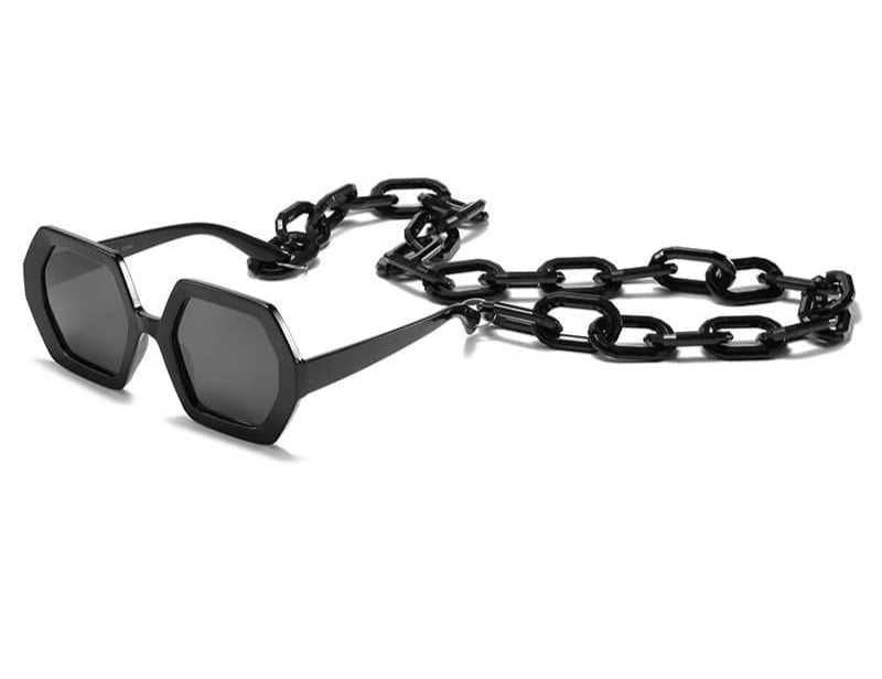 Unique sunglasses with a long trendy chain in the same color