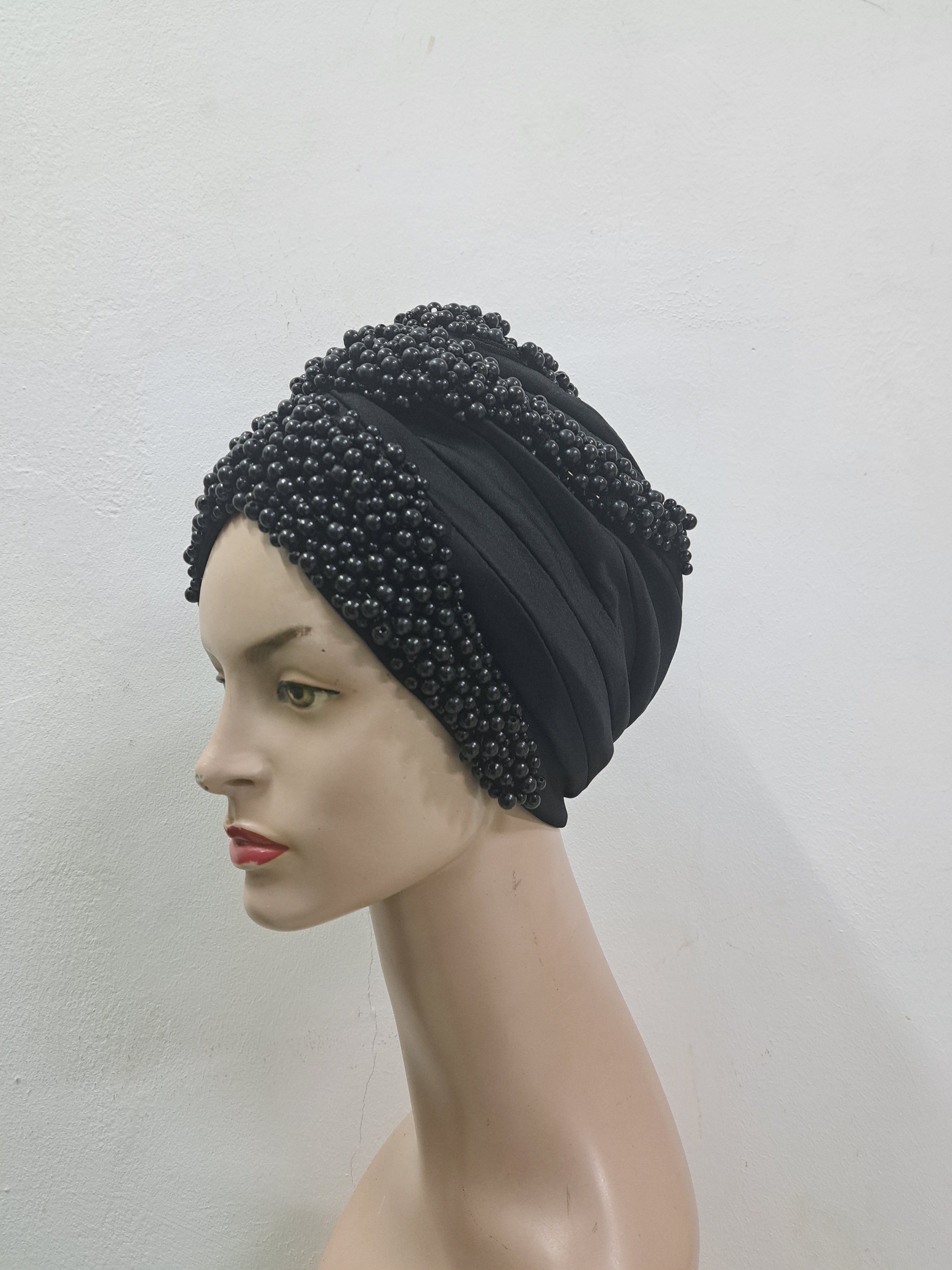 Midnight Elegance Beaded Turban