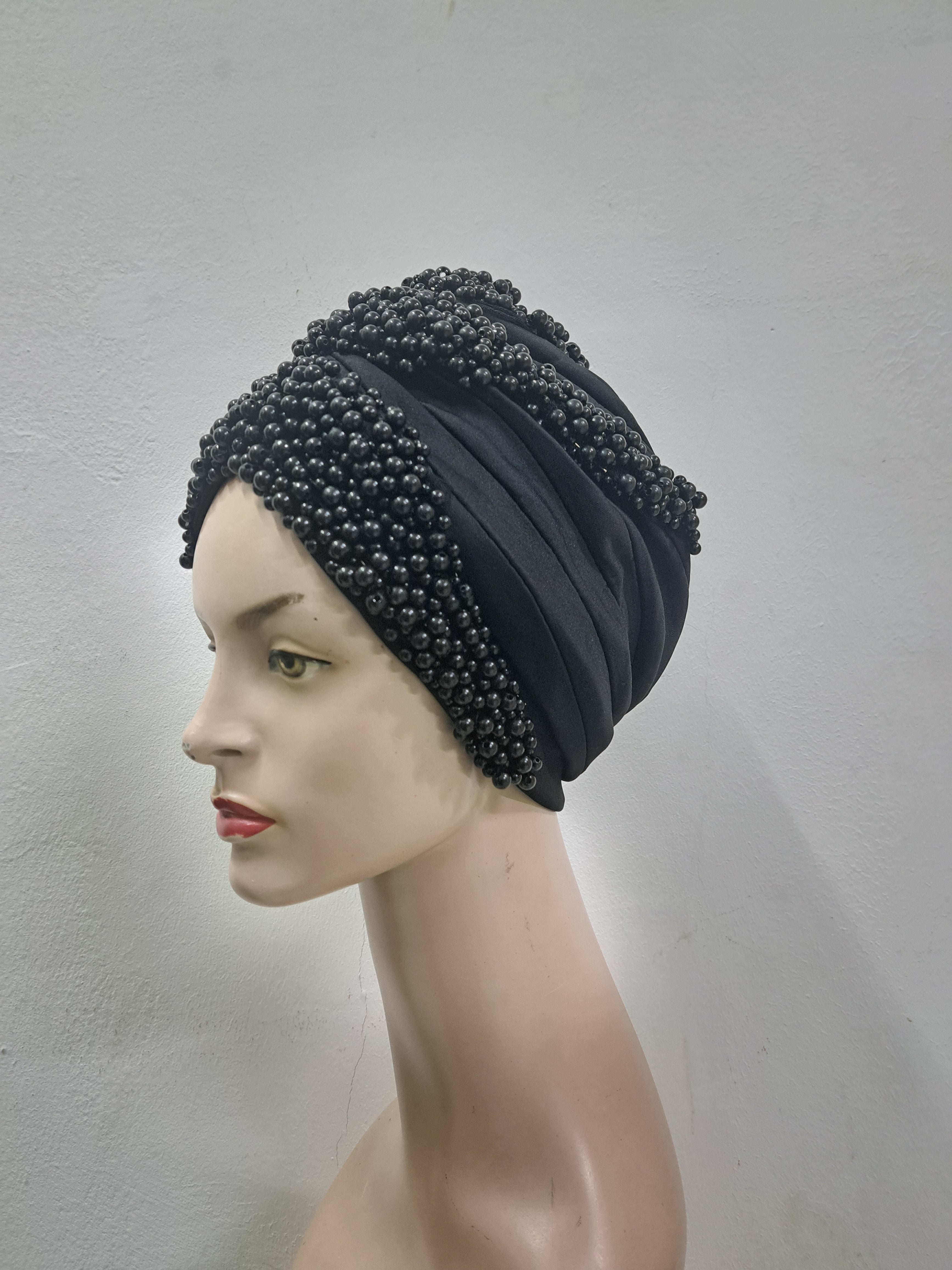 Midnight Elegance Beaded Turban