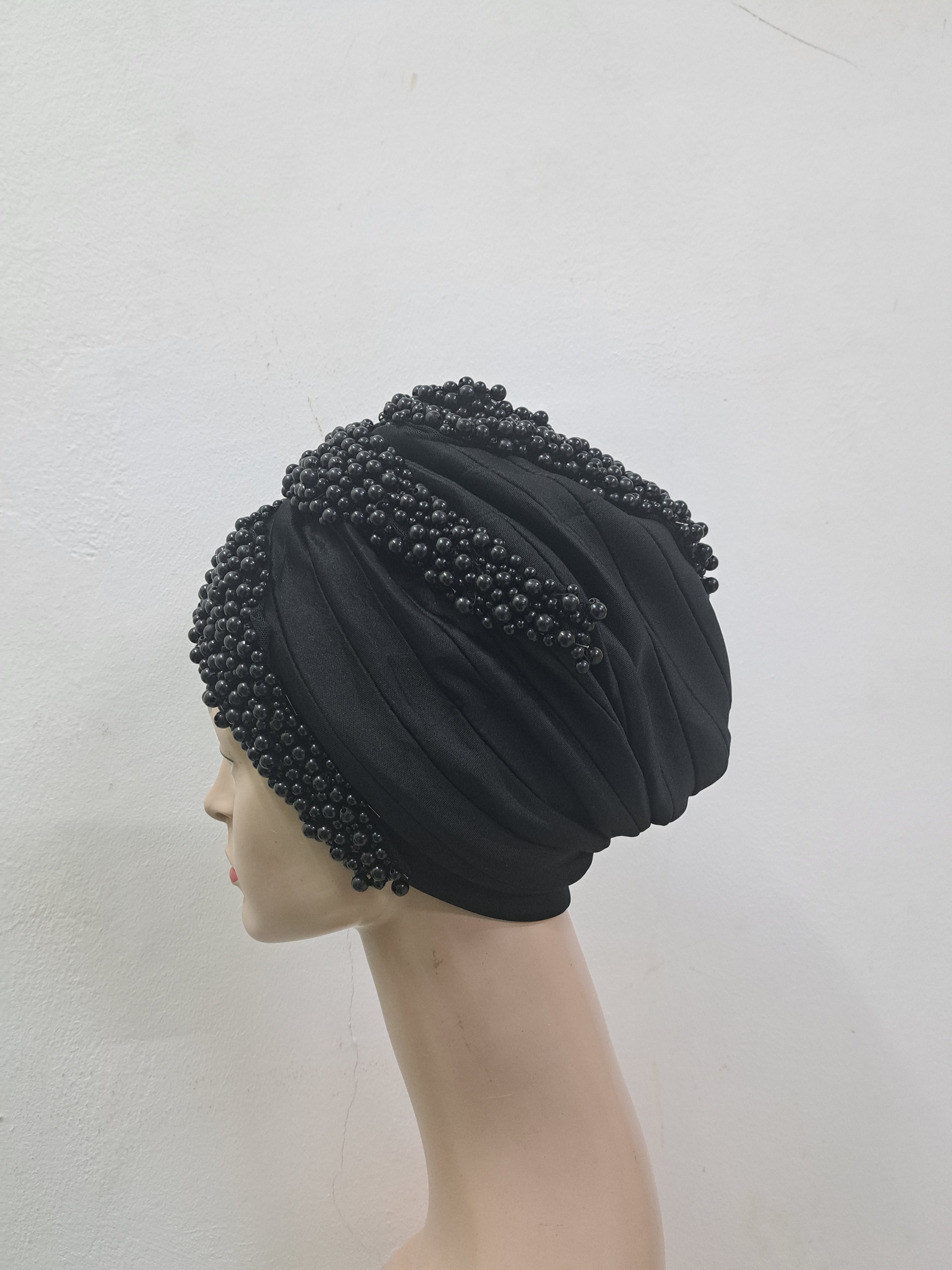 Midnight Elegance Beaded Turban