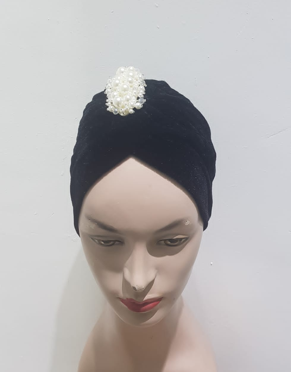 Velvet Elegance Turban with Pearl Cluster Embellishments