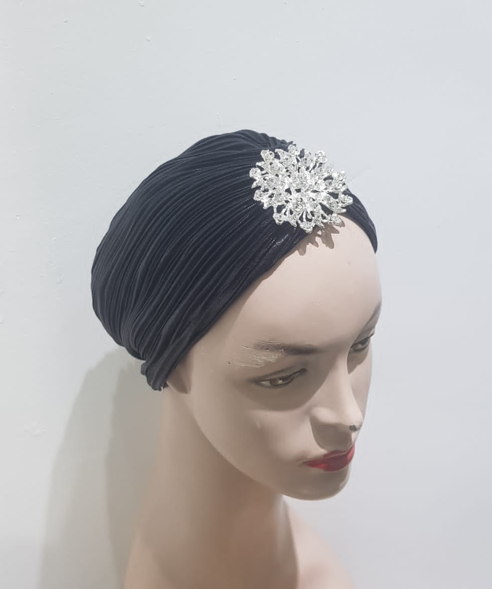 "Sapphire and Gold Pleated Turbans with Crystal Embellishments"