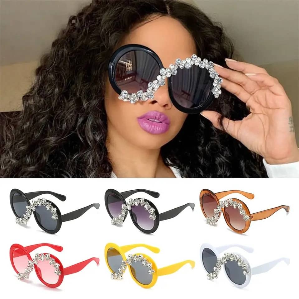 Fashion forward oversized round sunglasses with diamond-like stones