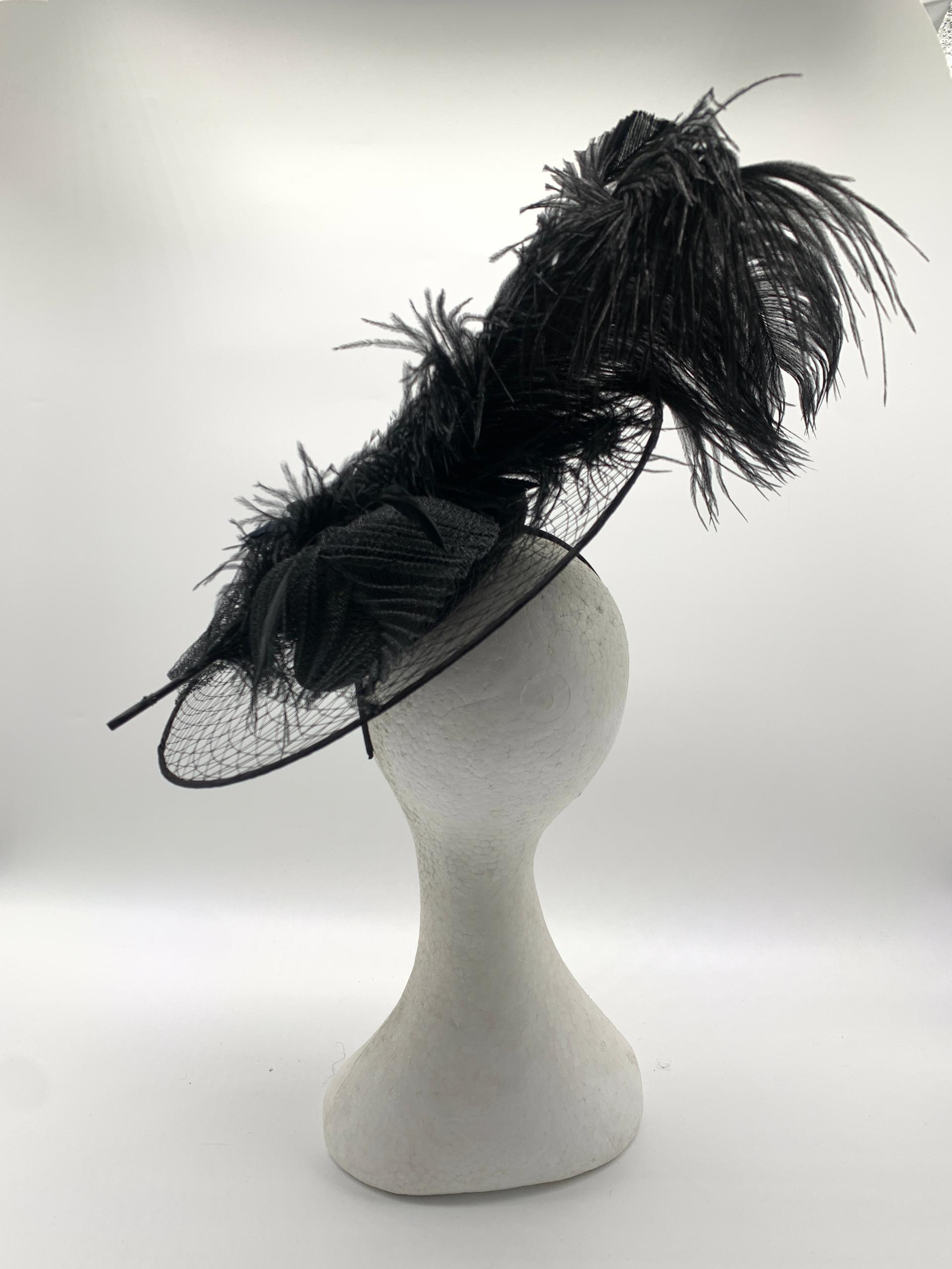 Veiled brim hatinator with feathers on a blacked base