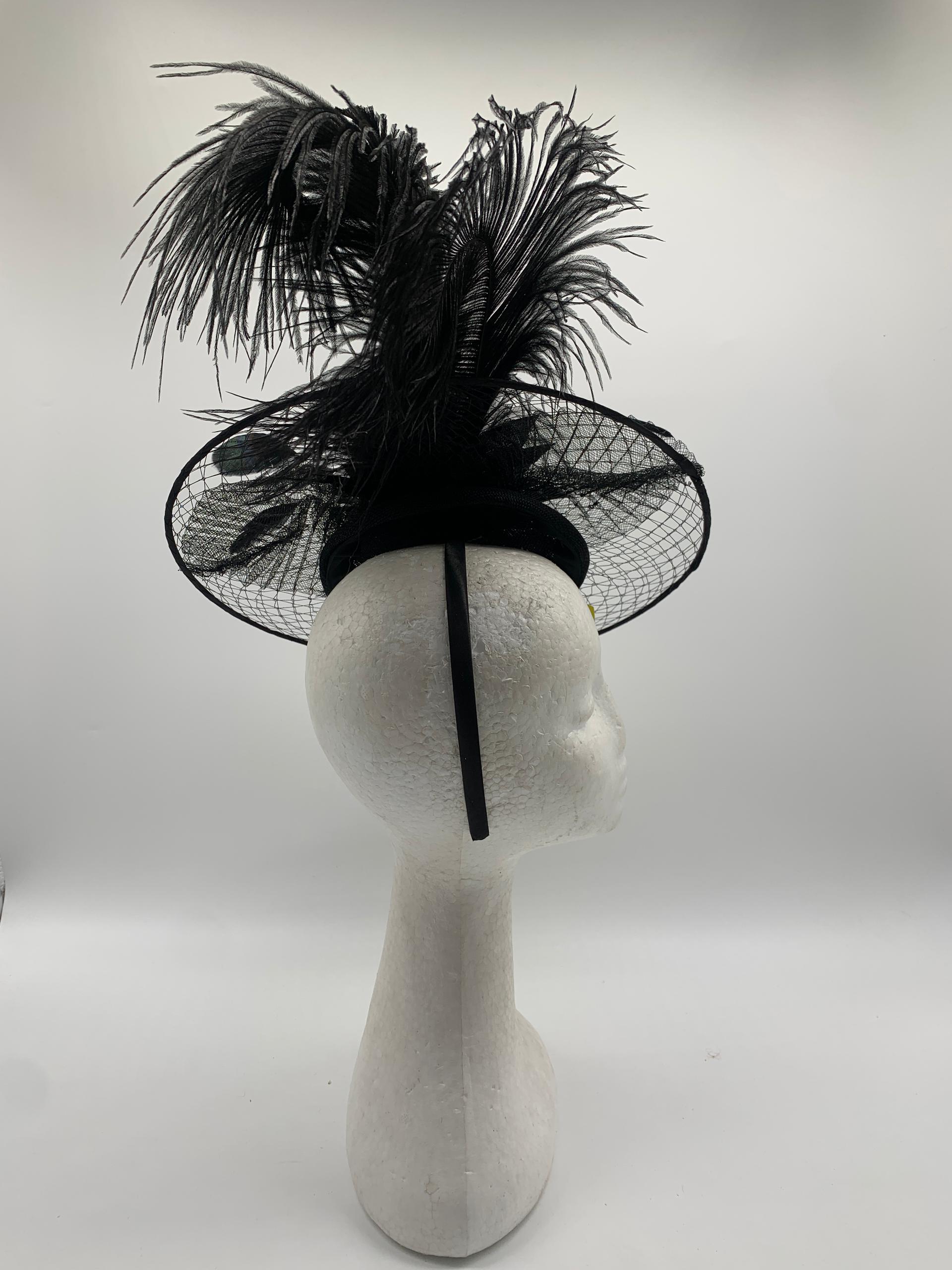 Veiled brim hatinator with feathers on a blacked base