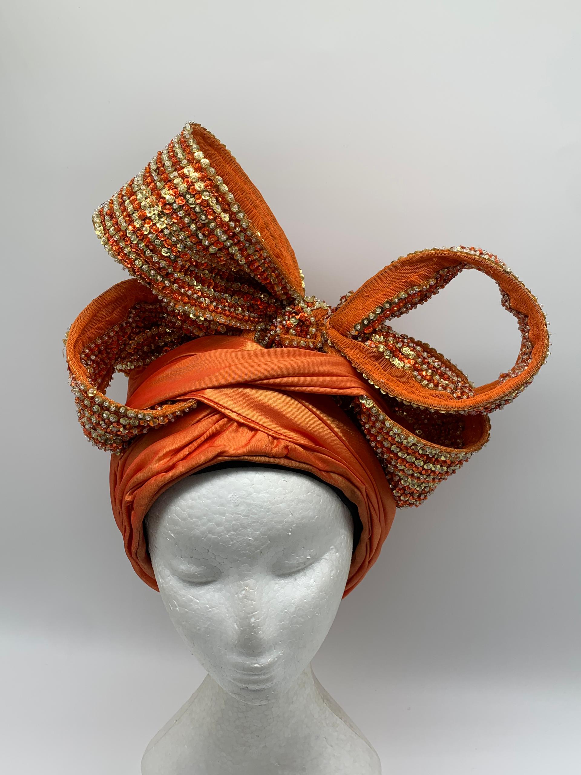 Vibrant Orange Bow Turban with Embellishments