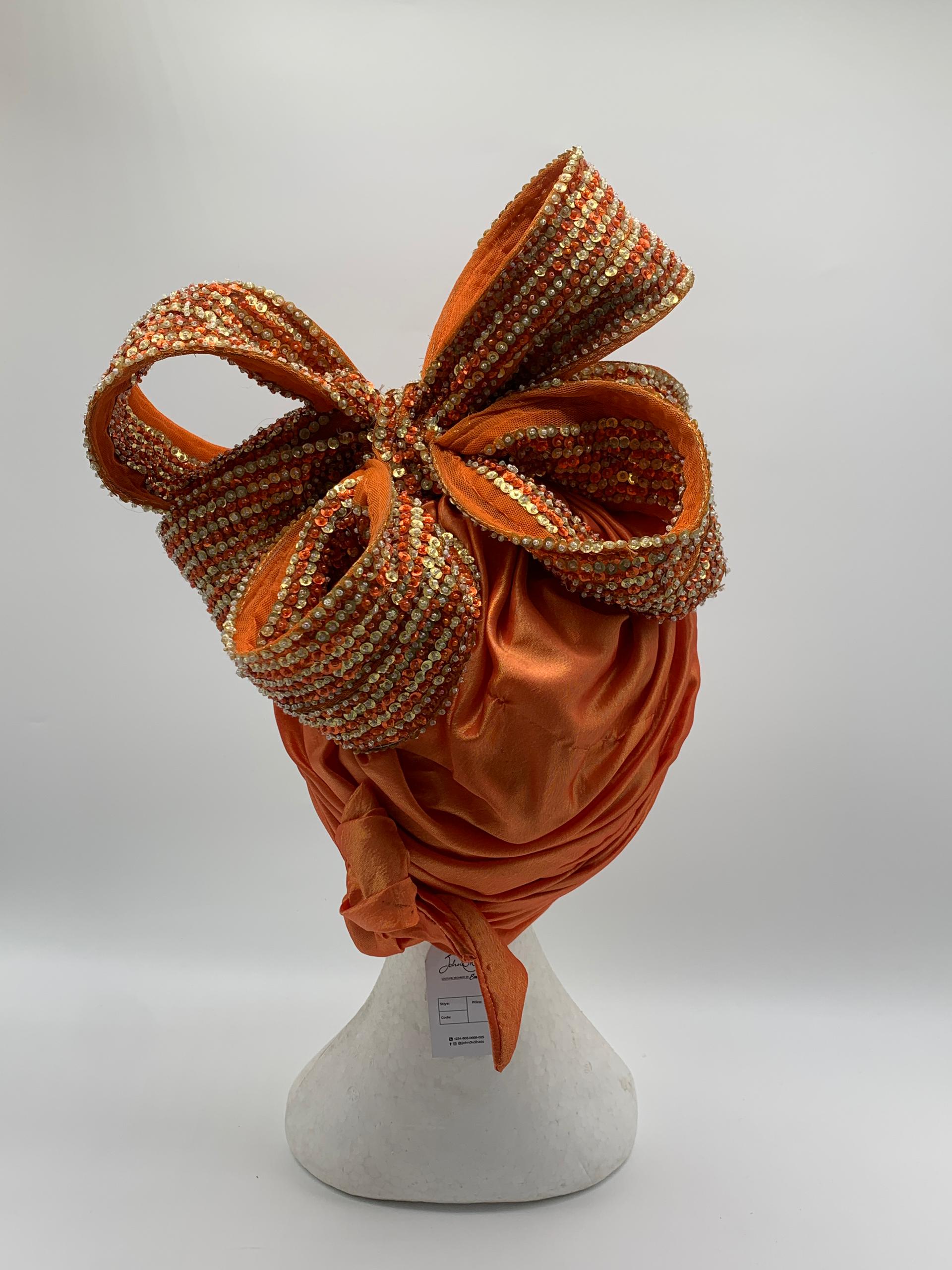 Vibrant Orange Bow Turban with Embellishments