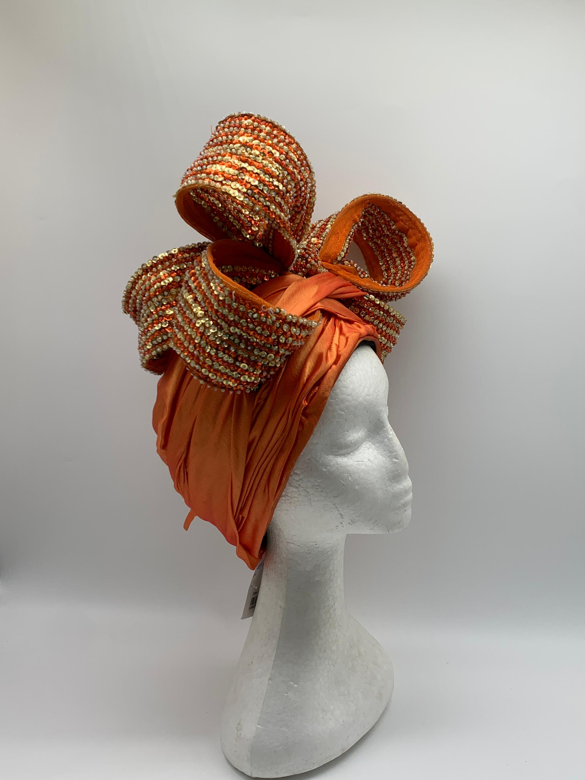 Vibrant Orange Bow Turban with Embellishments