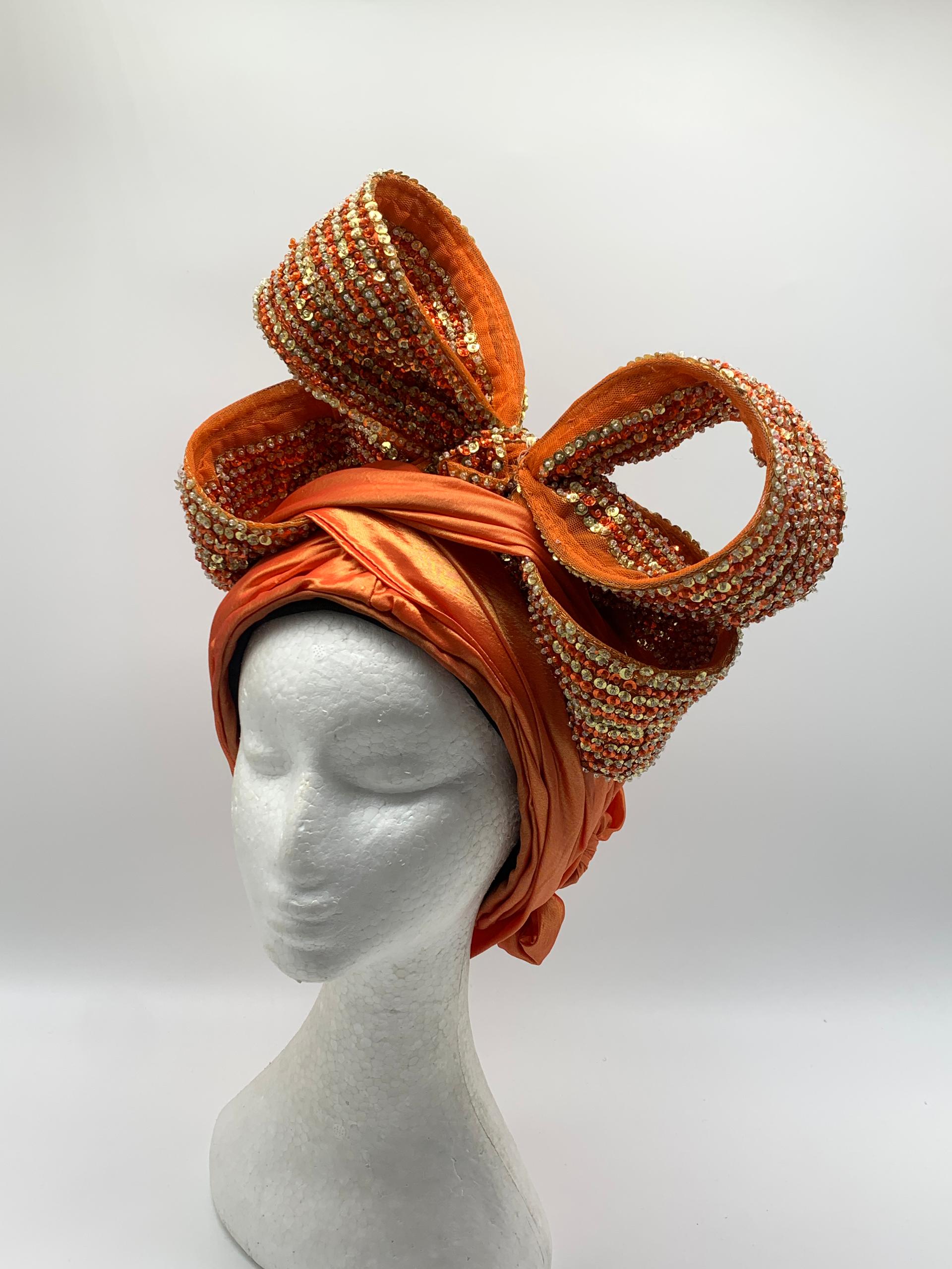 Vibrant Orange Bow Turban with Embellishments