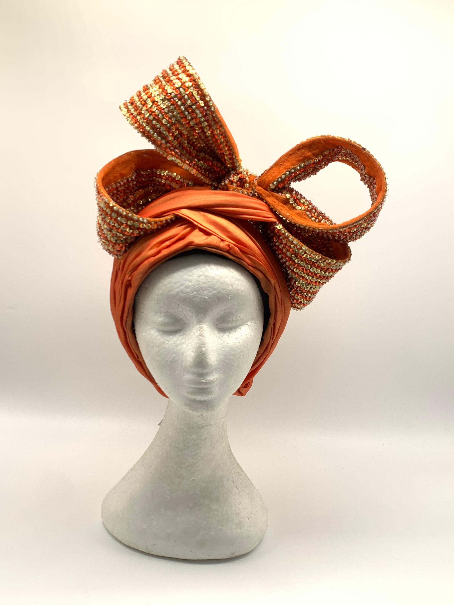 Vibrant Orange Bow Turban with Embellishments