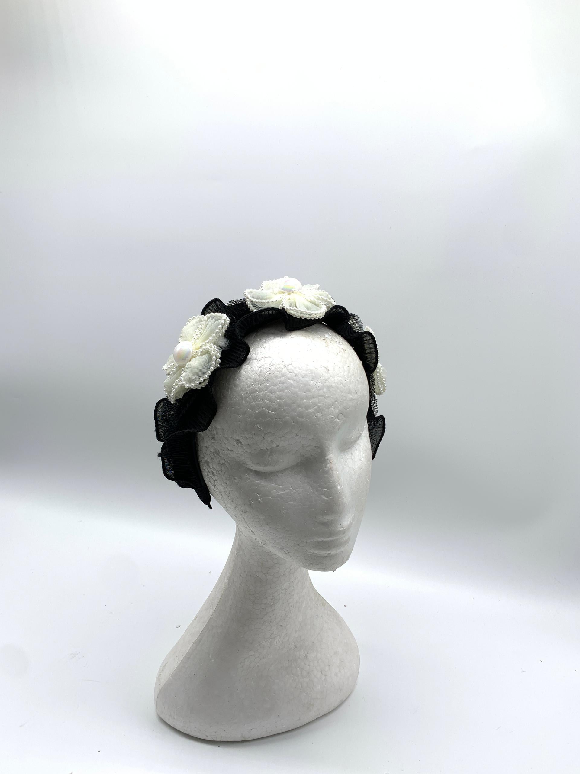 Black and White Floral Ruffle Headband