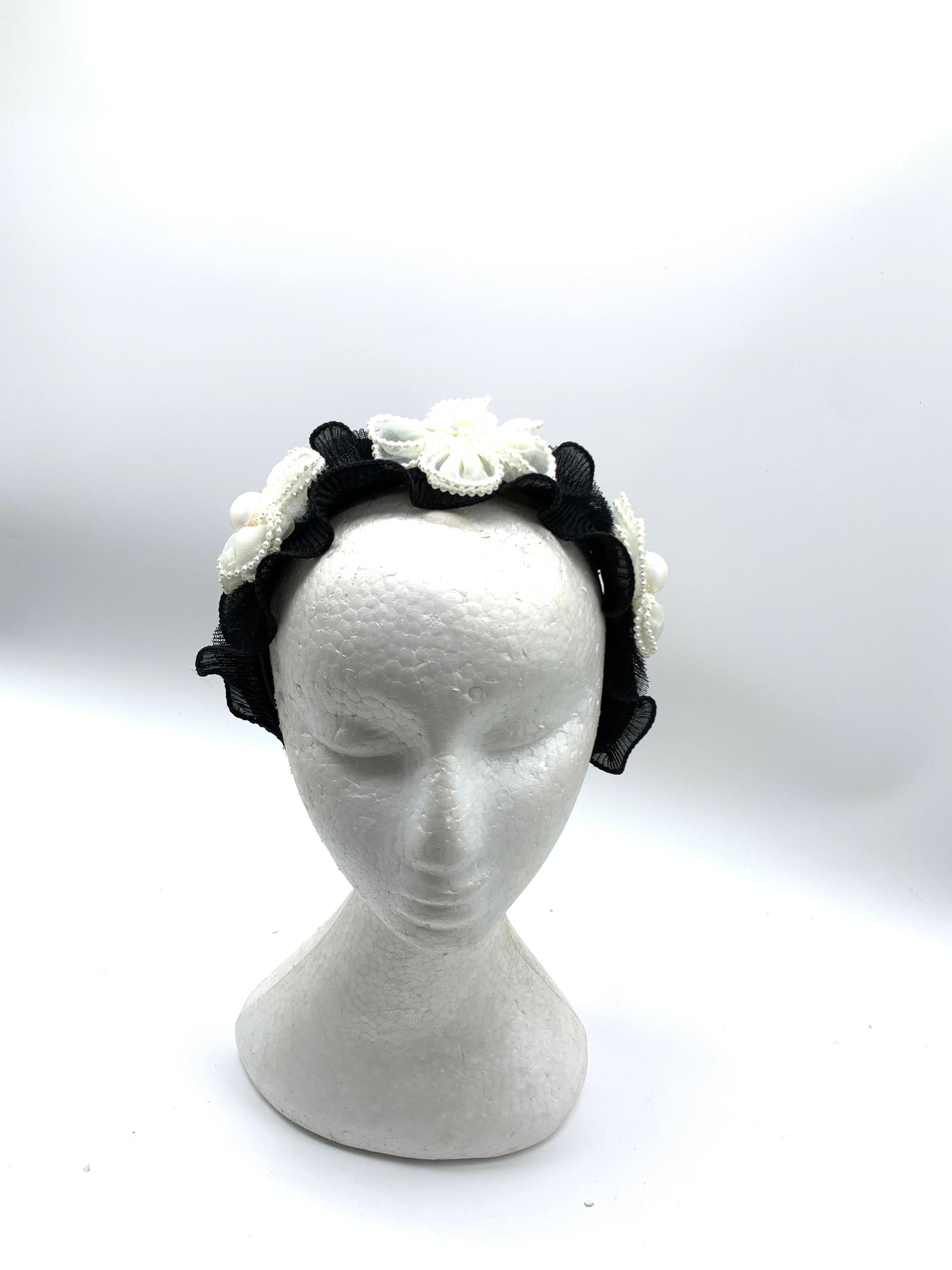 Black and White Floral Ruffle Headband