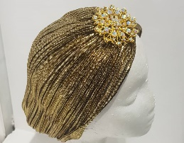 "Sapphire and Gold Pleated Turbans with Crystal Embellishments"