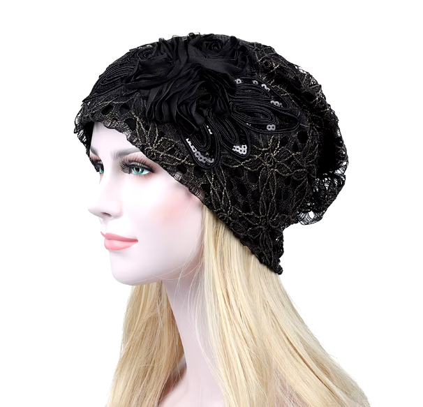 Elegant Black Lace Slouch Turban with Floral Accent