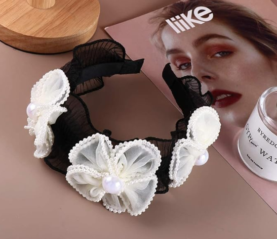 Black and White Floral Ruffle Headband