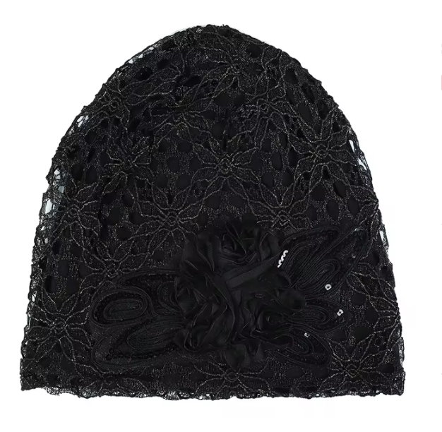 Elegant Black Lace Slouch Turban with Floral Accent