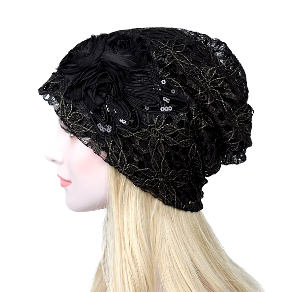 Elegant Black Lace Slouch Turban with Floral Accent