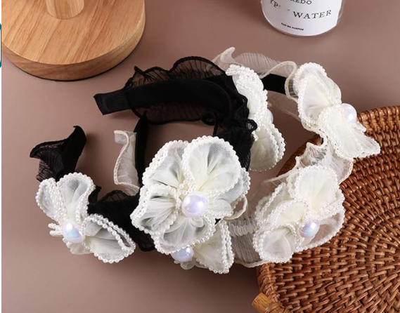 Black and White Floral Ruffle Headband