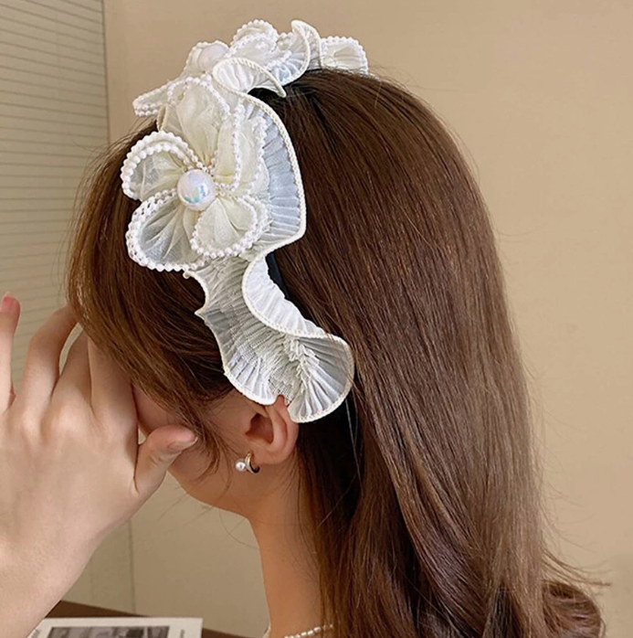 Ethereal White Floral Ruffle Headband